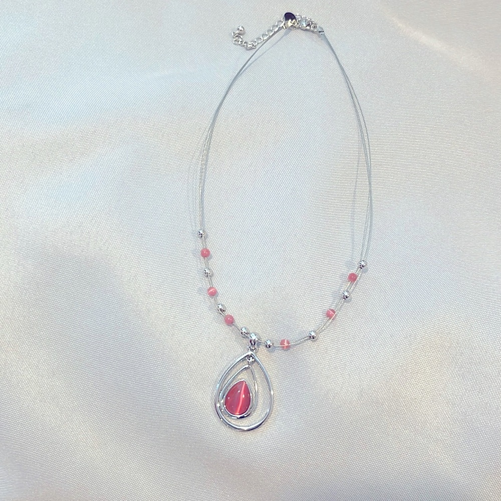 LIA SOPHIA COTTON CANDY Silver Pink Teardrop Floating Bead Signed Necklace